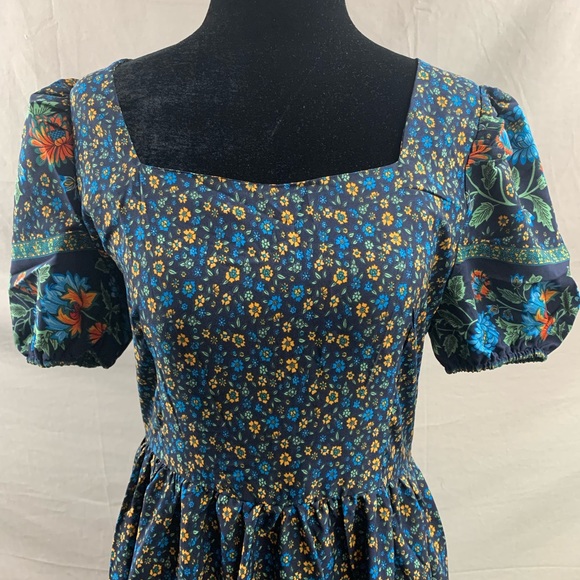 Blue Boho Ditsy Floral Print Sweetheart Neck Ruffle Hem Dress - Picture 7 of 10